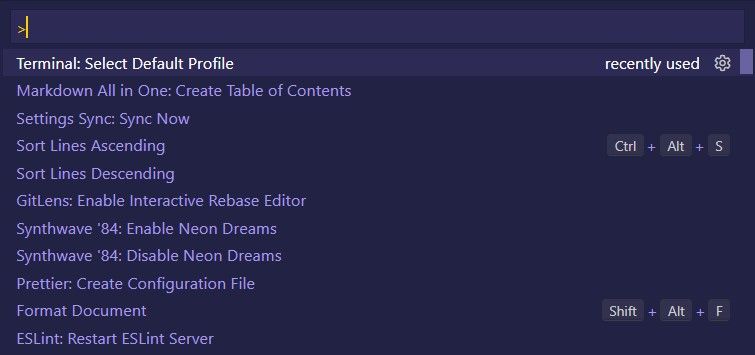 Command Palette filtered to Terminal: Select Default Profile