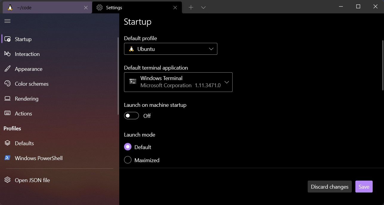 Startup settings with Ubuntu as the default profile