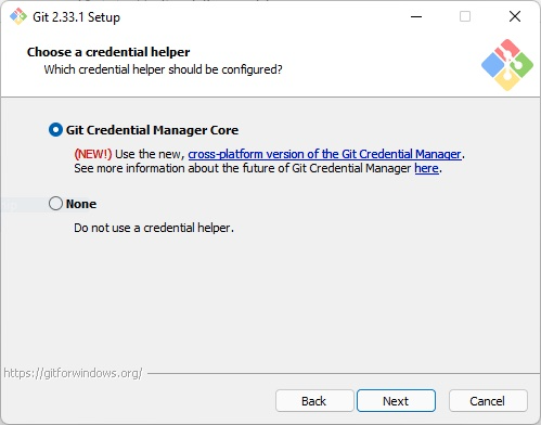 Git for Windows installer with Git Credential Manager selected
