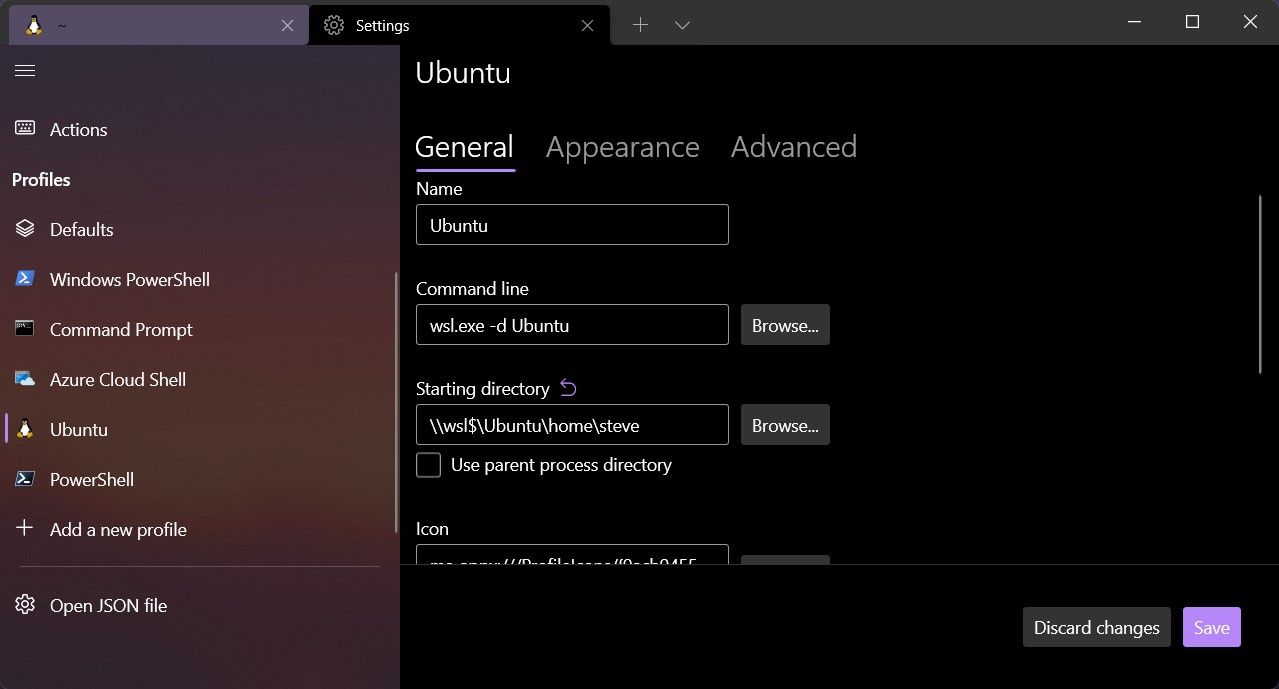 Ubuntu profile with the command line and starting directory settings
