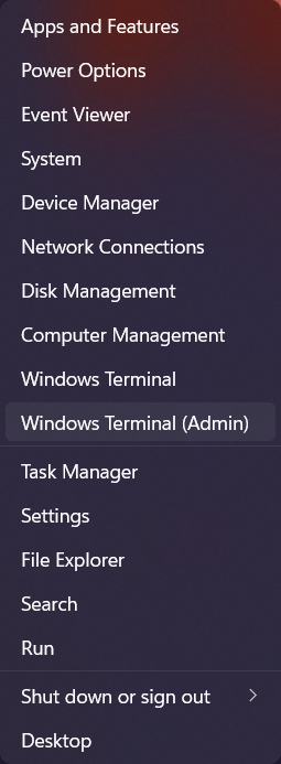 Right-clicked Start button menu