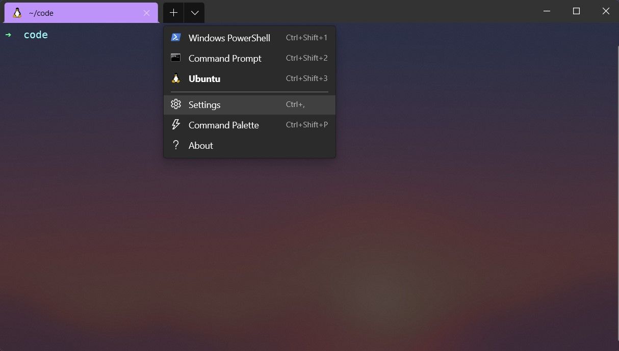 Windows Terminal dropdown menu with Settings
